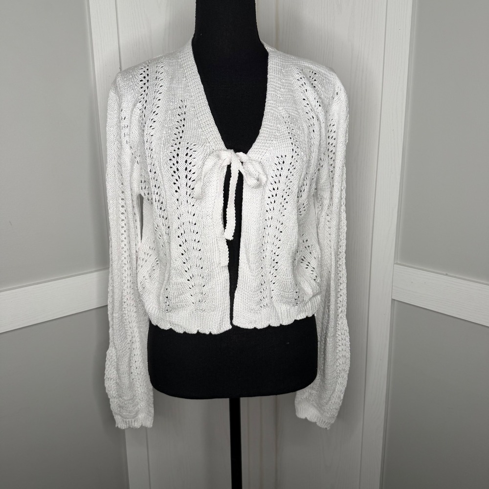 Kohl's Cardigan Women Large White Pointelle Knit Front Tie Cropped Long Sleeve